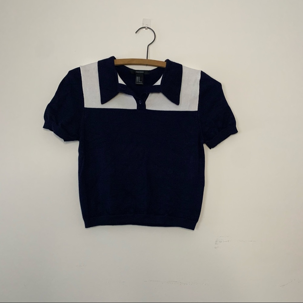 Navy Blue and White Forever 21 Cropped Sweater Top
